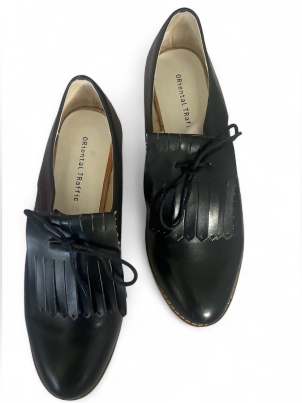 Black Faux Leather Fringe Lace White Sole Oxfords / Dress Shoes - Wear it 2 Ways